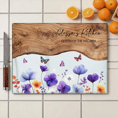 Personalized Cutting Board With Queen Of The Kitchen, Purple Floral Butterflies, Unique Gift For Mom
