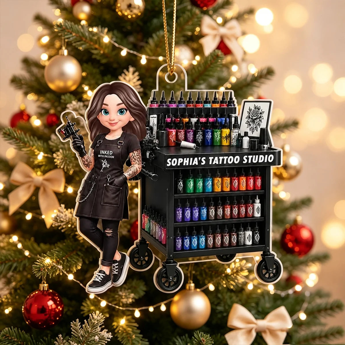Personalized Acrylic Ornament, Tattoo Artist Holding Machine by Ink Cart on Christmas Tree, Unique Gift for Her