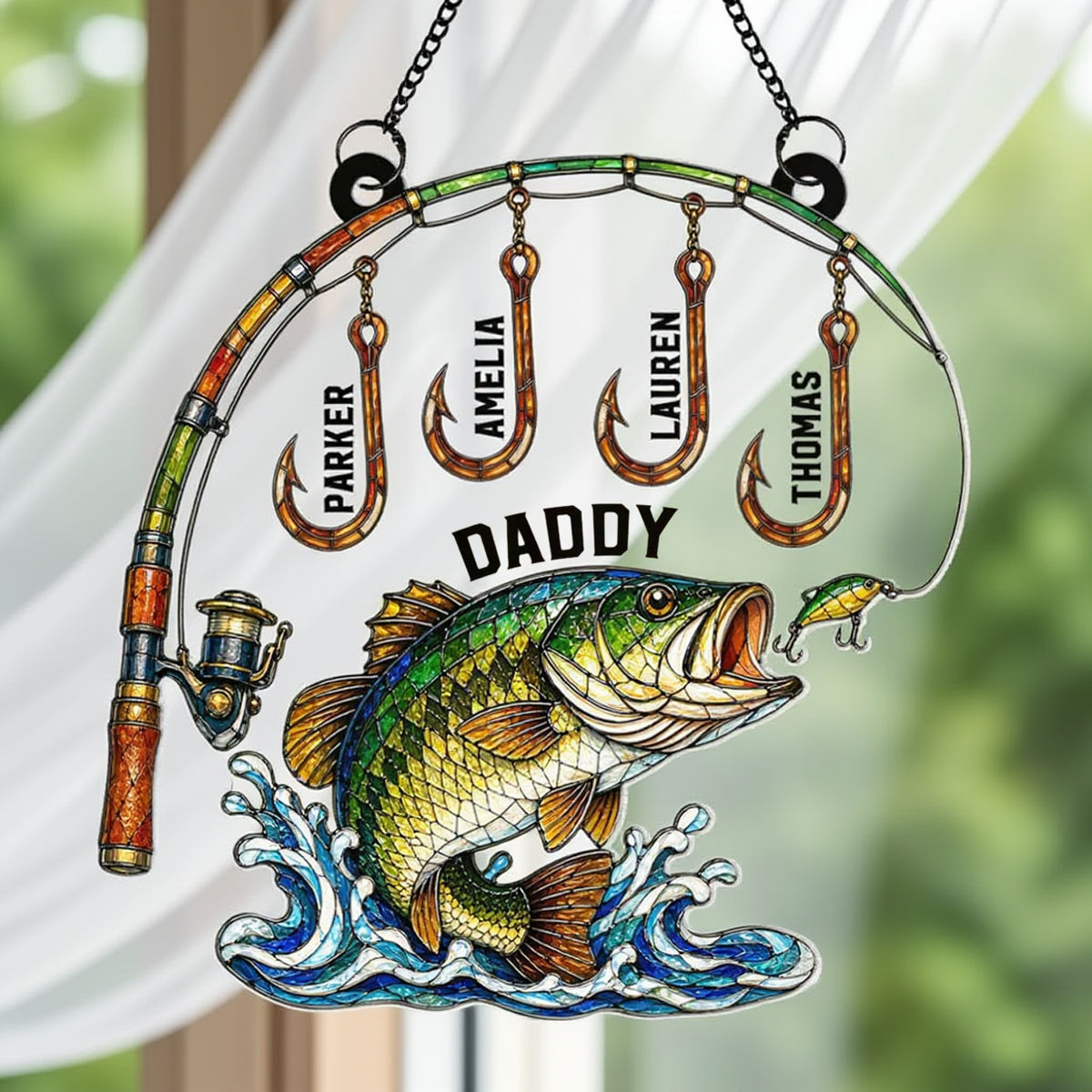 Personalized Acrylic Suncatcher Ornament for Fishing Daddy - Colorful Bass & Hooks Window Decor, Unique Gift for Dad