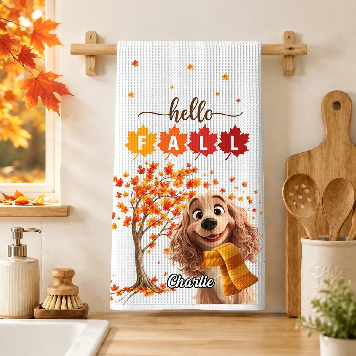 Hello Fall Personalized Kitchen Towel, Smiling Dog by an Autumn Tree, Creative Gift for Pet Owners