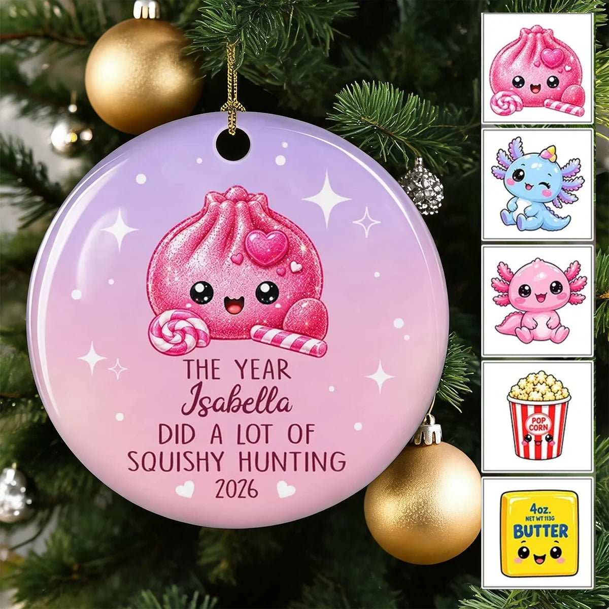 Personalized Ceramic Ornament, Cute Pink Squishy Hunting Design, Unique Christmas Gift for Squishy Fans