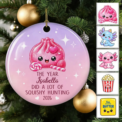 Personalized Ceramic Ornament, Cute Pink Squishy Hunting Design, Unique Christmas Gift for Squishy Fans