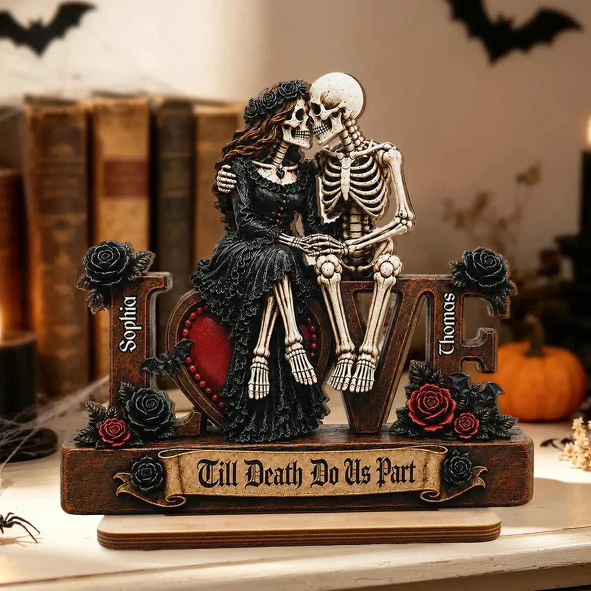 Personalized 2-Layer Wooden Plaque, Kissing Skeleton Couple, Unique Gothic Gift for Couples