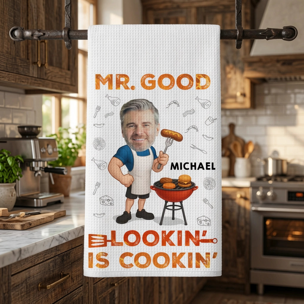 Custom Kitchen Towel for Dad, Funny BBQ Cartoon, One-of-a-Kind Creative Gift for His Kitchen