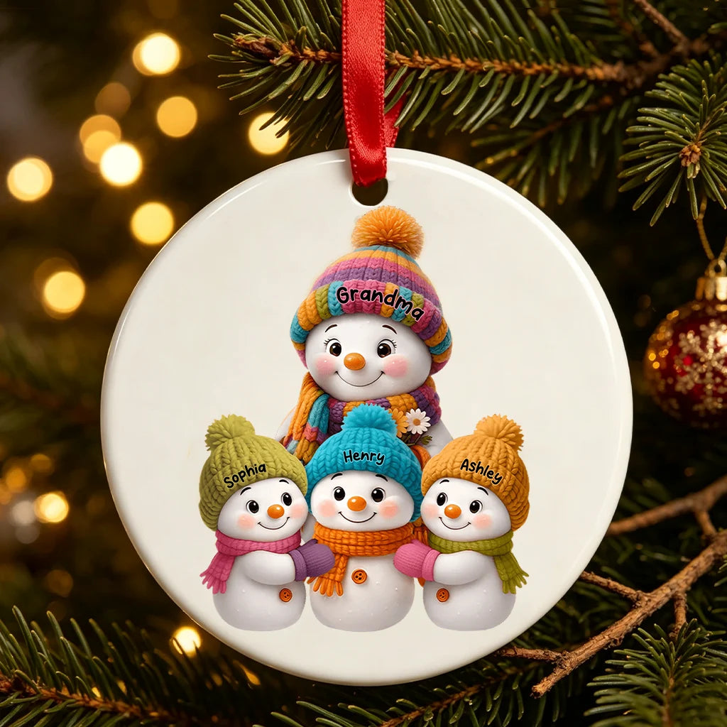 Personalized Crystal Ornament with Grandma and Snowman Family, Heartwarming Christmas Keepsake and Creative Gift for Family