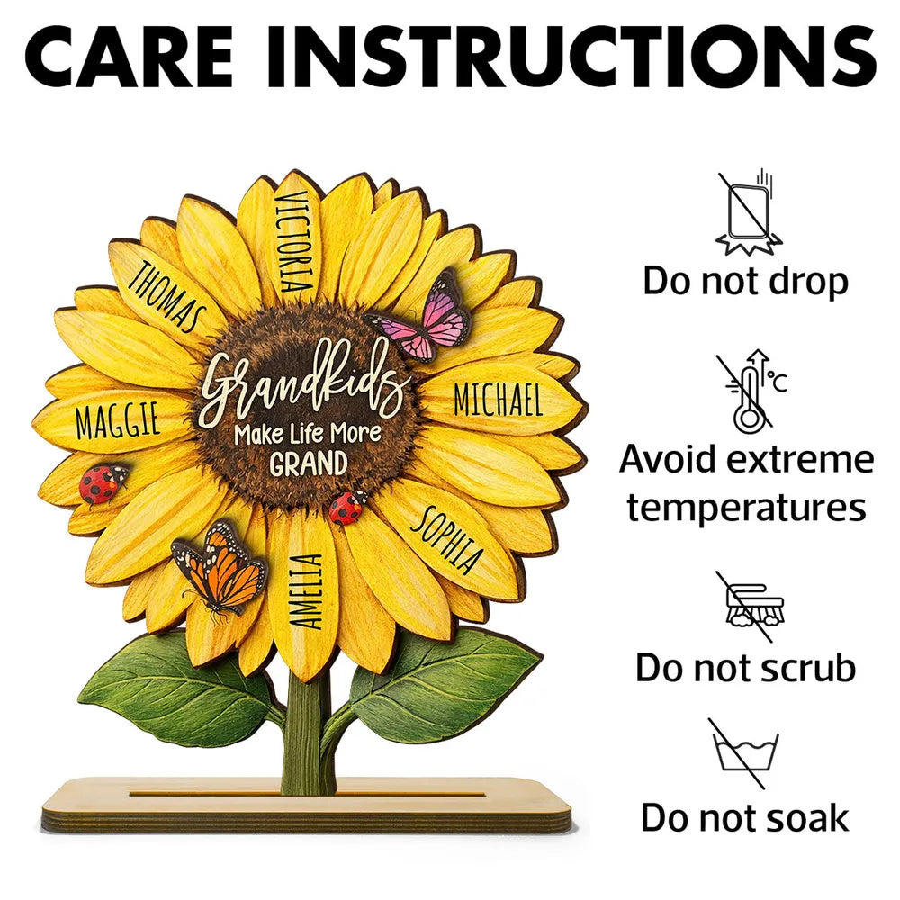 Personalized Sunflower 2-Layer Wooden Plaque for Grandma, Grandkids Make Life More Grand, Unique Gift for Her