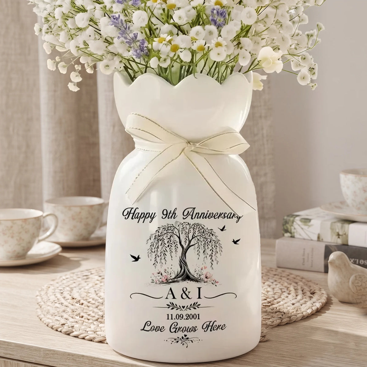 Scalloped Rim Ceramic Vase for Couple, Personalized Love Grows Here Design, Creative Anniversary Gift