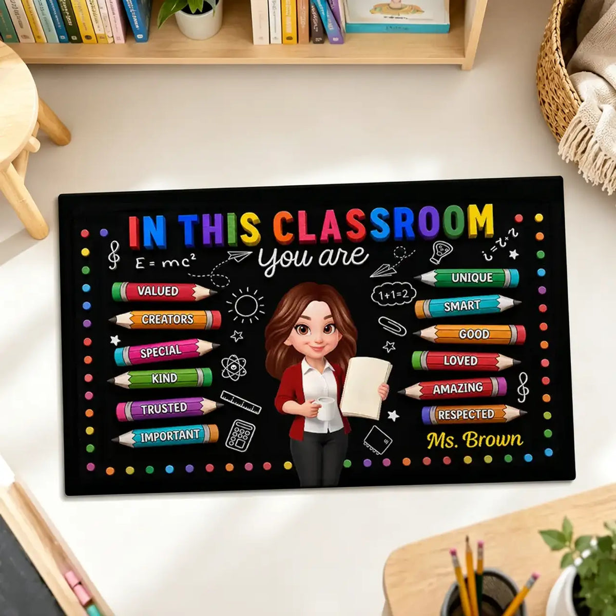Personalized Standard Doormat, Smiling Teacher Classroom Art, Unique Gift For Teacher Entryway