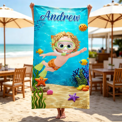Personalized Beach Towel, Playful Ocean Snorkeling Adventure, Creative Gift for Kids and Grandkids