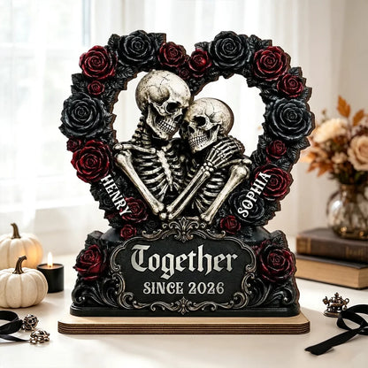 Personalized 2-Layer Wooden Plaque, Gothic Skeleton Couple With Roses, Unique Halloween Gift For Couple
