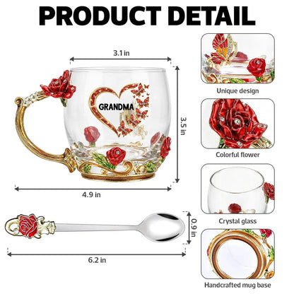 Personalized Enamel Flower Tea Cup for Grandma - Butterfly Heart Design, Unique Gift for Her Tea Moments