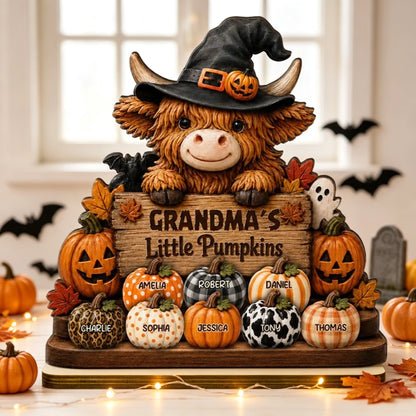 Personalized Highland Cow 2-Layer Wooden Plaque, Grandma's Little Pumpkins Fall Decor, Unique Gift for Grandma