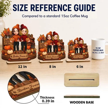 Personalized Wooden Plaque, Winking Besties Holding Pumpkins in a Cozy Fall Scene, Unique Gift for a Close Friend