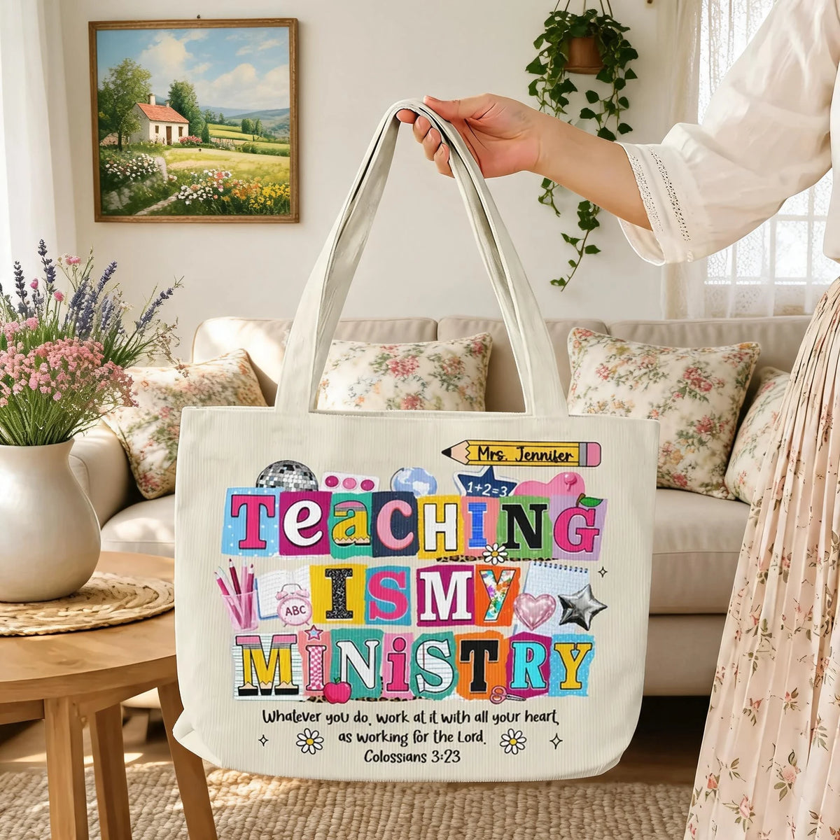 Corduroy Tote Bag with Colorful Teaching Quote & Bible Verse, Creative Gift for a Teacher