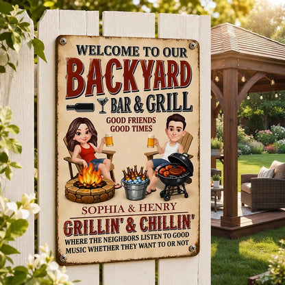 Personalized Backyard Bar & Grill Iron Sign, Sitting Couple in Sunlit Yard, Unique Gift for Couple