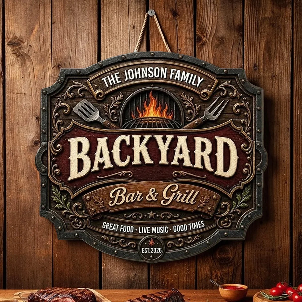 Personalized Wooden Sign with Flaming Backyard Grill Artwork, Creative Gift for Family Hosts & Grill Lovers