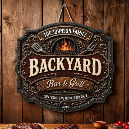 Personalized Wooden Sign with Flaming Backyard Grill Artwork, Creative Gift for Family Hosts & Grill Lovers