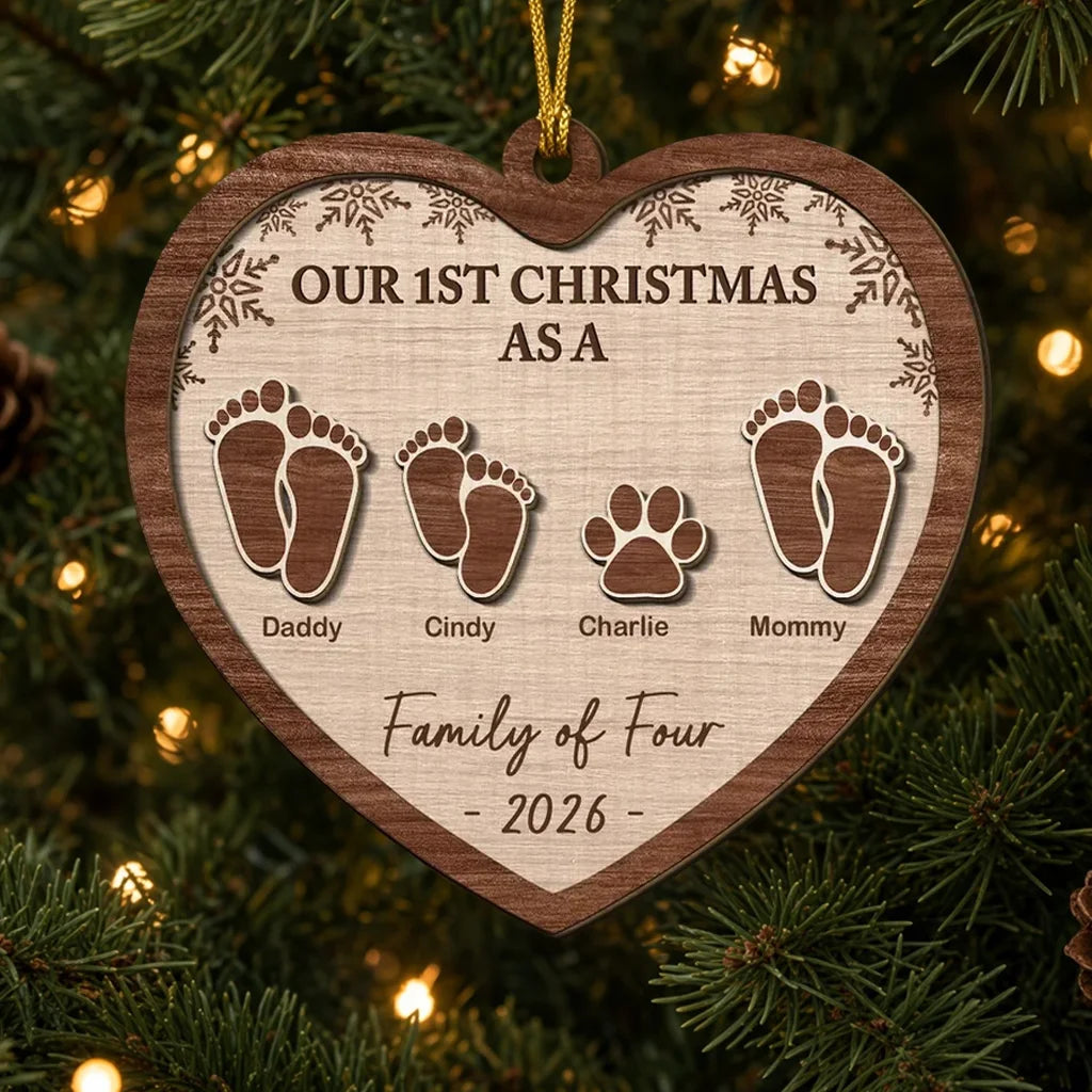Personalized Wooden Ornament, Our First Christmas Family Footprint Design, Unique Gift for New Parents