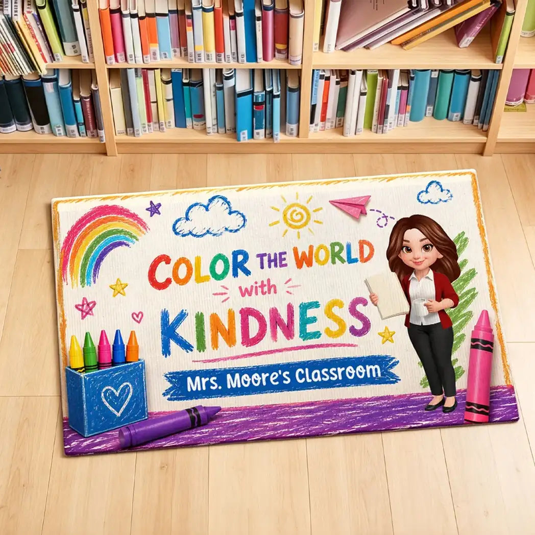 Personalized Standard Doormat With Standing Teacher & Kindness Quote, Unique Back To School Gift