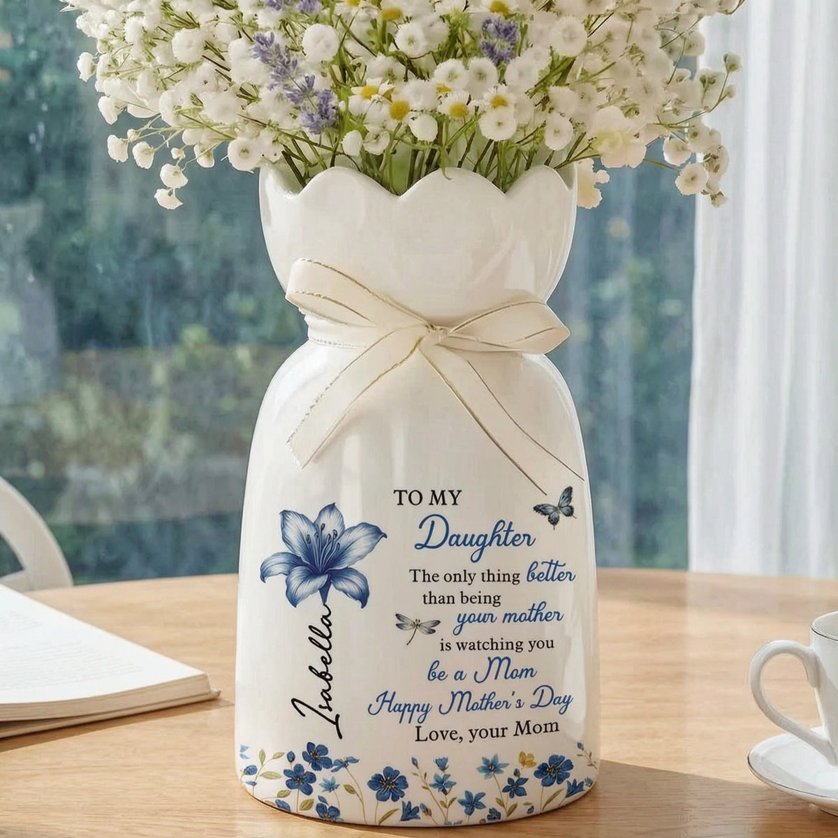 Scalloped Rim Ceramic Vase Personalized for Daughter, Happy Watching You Grow Mother's Day Gift, Heartwarming Home Decor