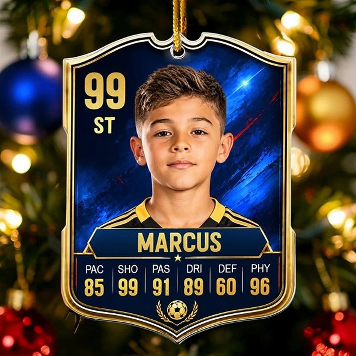 Personalized Soccer Card Acrylic Ornament, Blue and Gold Player Portrait, Unique Gift for Soccer Fans