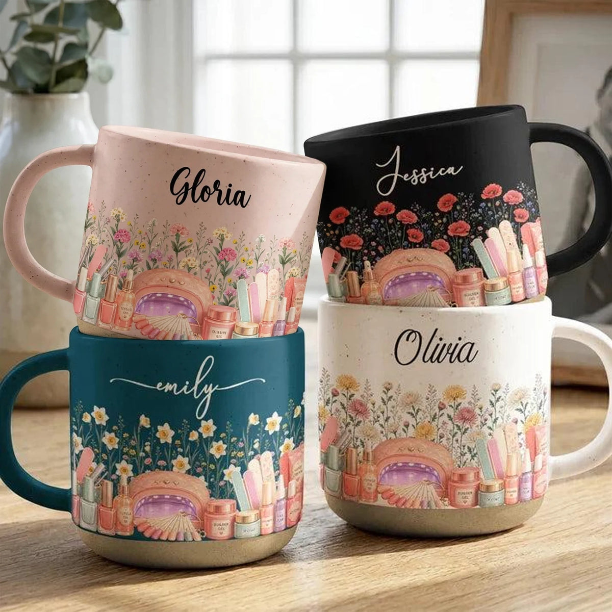 Wildflower Beauty Pottery Mug with Elegant Script, Personalized Keepsake and Unique Gift for a Nail Tech