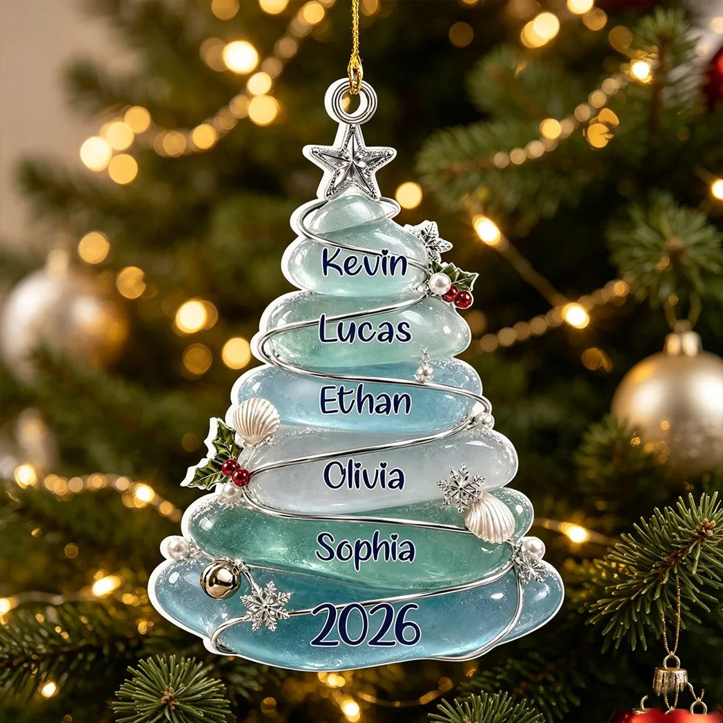 Personalized Acrylic Ornament, Icy Blue Family Tree Hanging on a Christmas Tree, Unique Gift for Family