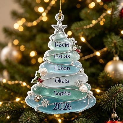 Personalized Acrylic Ornament, Icy Blue Family Tree Hanging on a Christmas Tree, Unique Gift for Family
