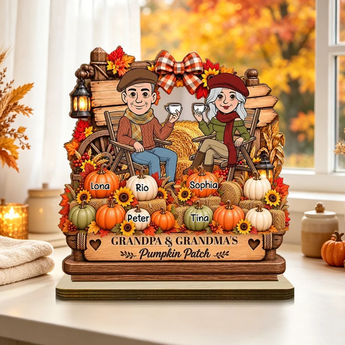 Personalized 2-Layer Wooden Plaque, Grandparents Sharing Coffee in an Autumn Pumpkin Patch, Unique Family Gift
