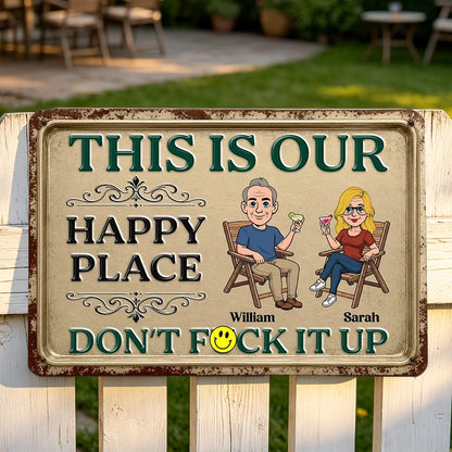 Personalized Rectangular Iron Sign, Seated Couple Our Happy Place, Unique Creative Gift for Couples