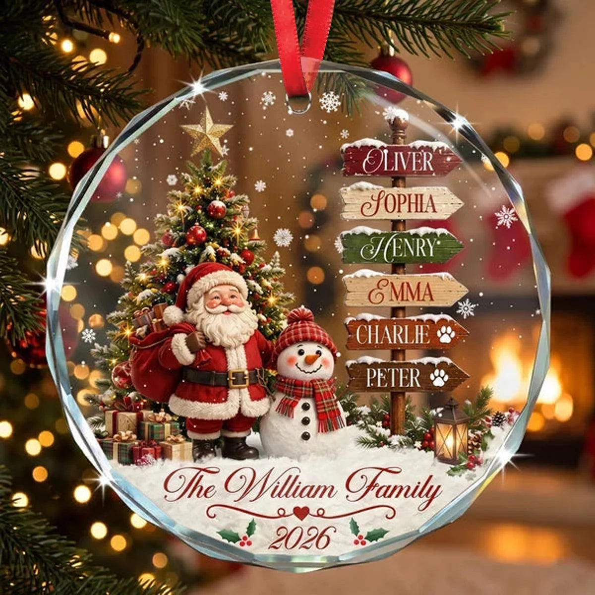 Personalized Crystal Ornament with Santa and Snowman Christmas Scene, Unique Family Gift