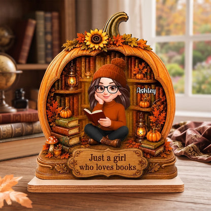Personalized 2-Layer Wooden Plaque, Woman Reading in an Autumn Pumpkin Library, Unique Gift for Book Lovers