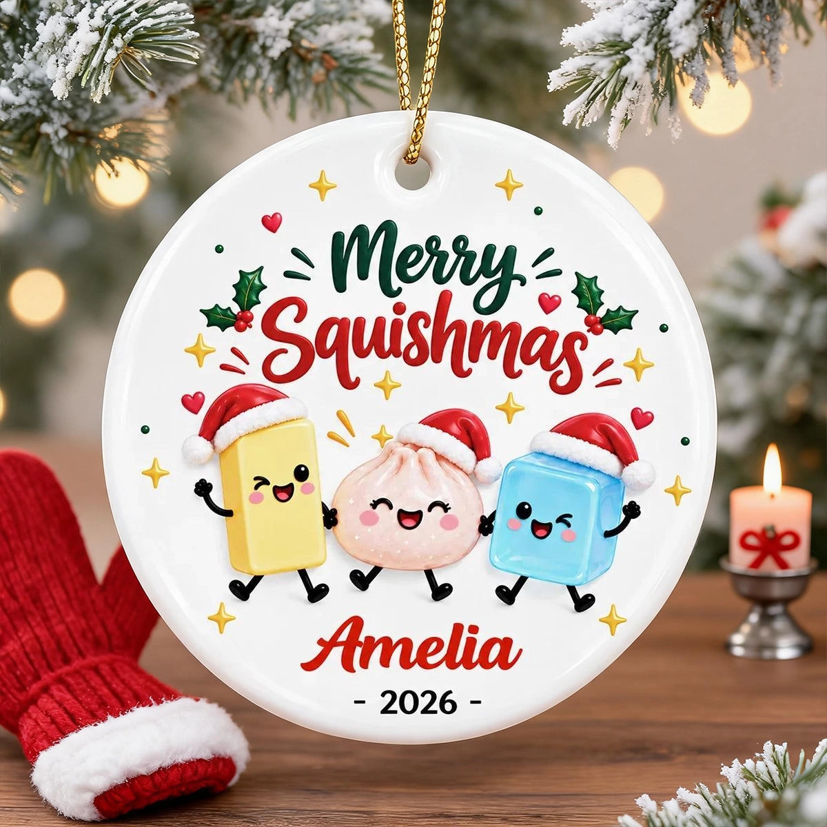 Personalized Ceramic Ornament, Merry Squishmas Cartoon Keepsake, Unique Christmas Gift for Squishy Fans