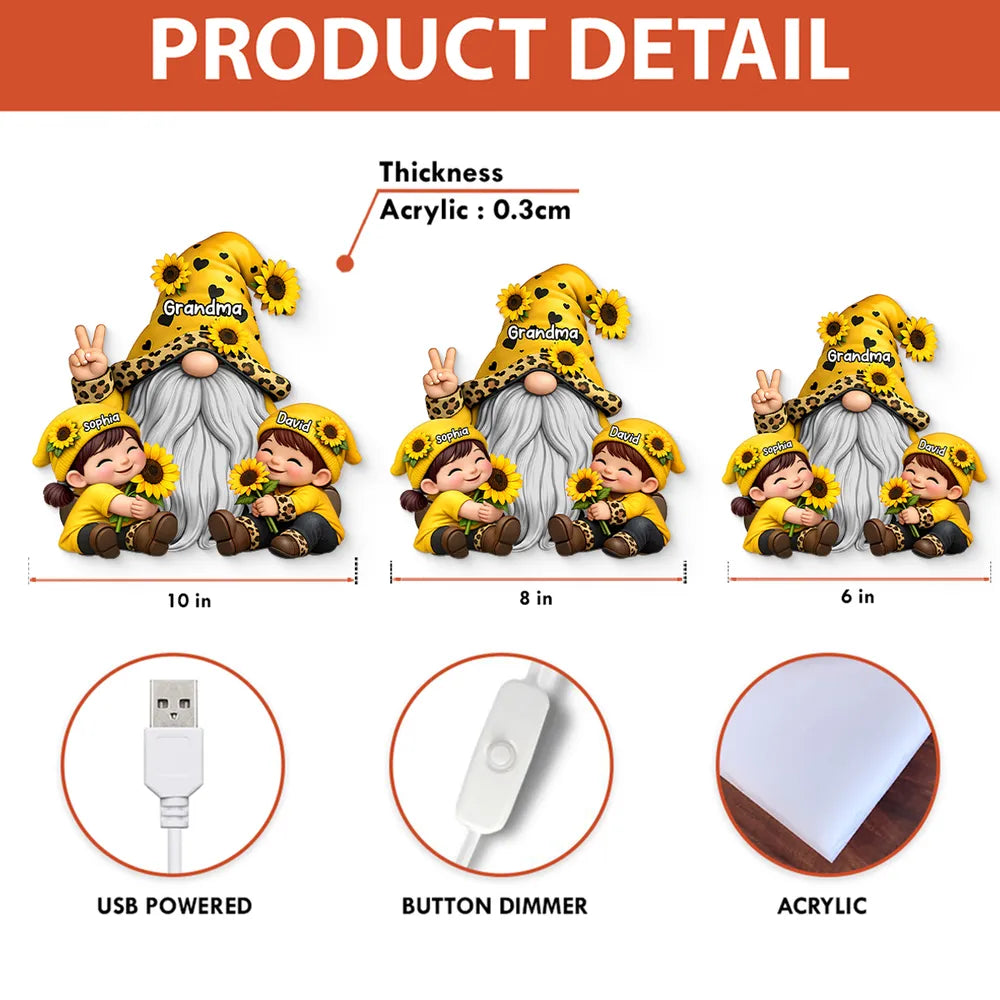 Personalized Grandma Gnome Acrylic Light Box With Sunflowers, Warm Glow Night Light, Unique Gift for Grandma
