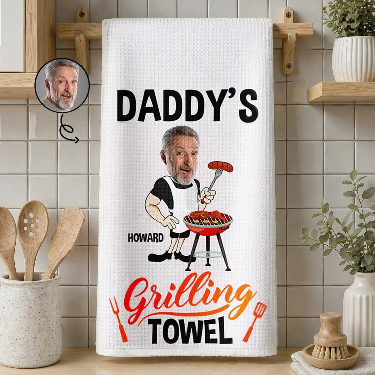Personalized Kitchen Towel With Daddy Grilling Cartoon, Unique BBQ Gift For Dad