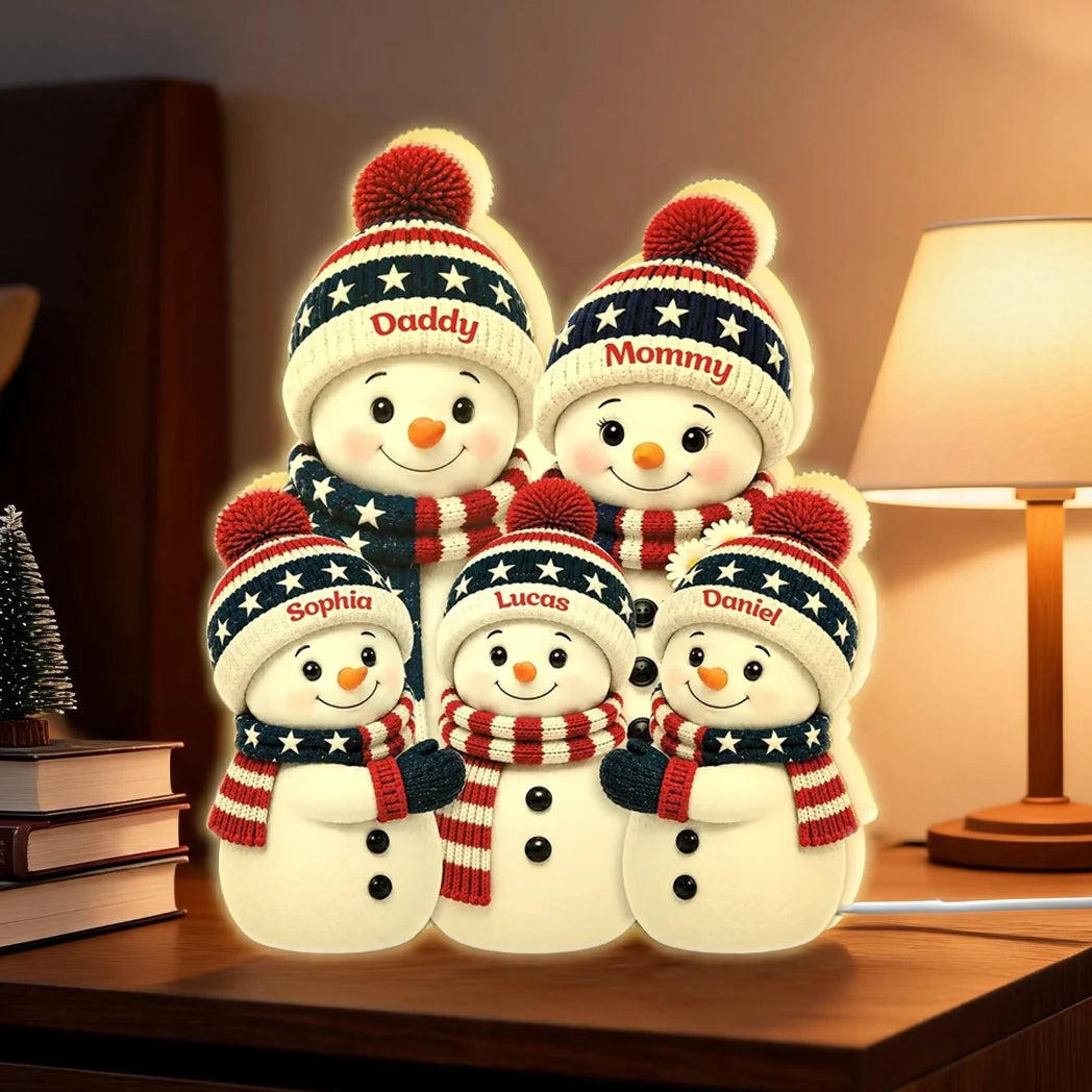 Personalized Acrylic Light Box, Gathered Snowman Family, Warm Glow, Unique Winter Gift for Parents