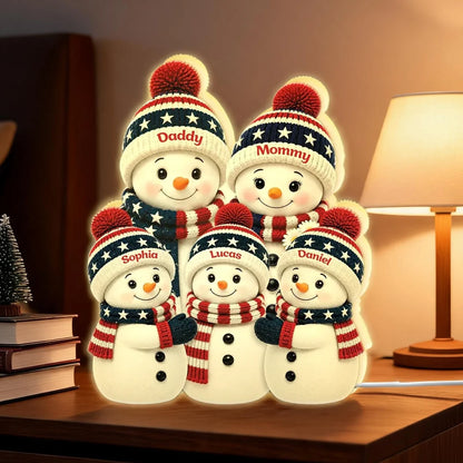 Personalized Acrylic Light Box, Gathered Snowman Family, Warm Glow, Unique Winter Gift for Parents