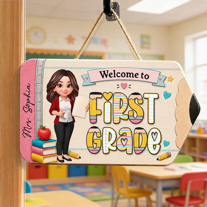 First Grade Wooden Sign With Standing Teacher Cartoon, Personalized Classroom Decor, Unique Teacher Gift