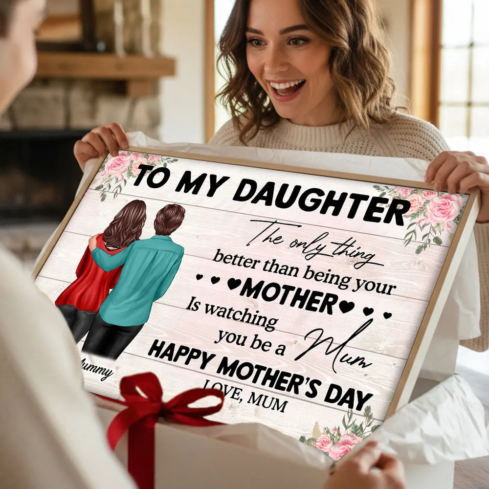 Personalized Mother's Day Message Poster with Mom and Daughter Hugging Illustration, Floral Wall Art, Unique Gift for Daughter