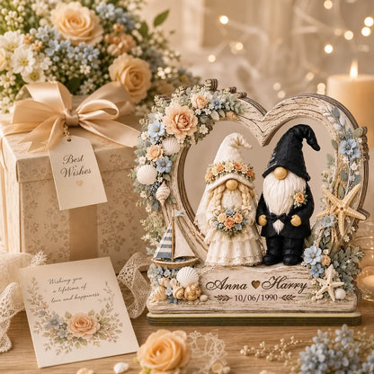 Personalized 2-Layer Wooden Plaque, Coastal Wedding Gnome Couple in Floral Heart, Unique Gift for Couples
