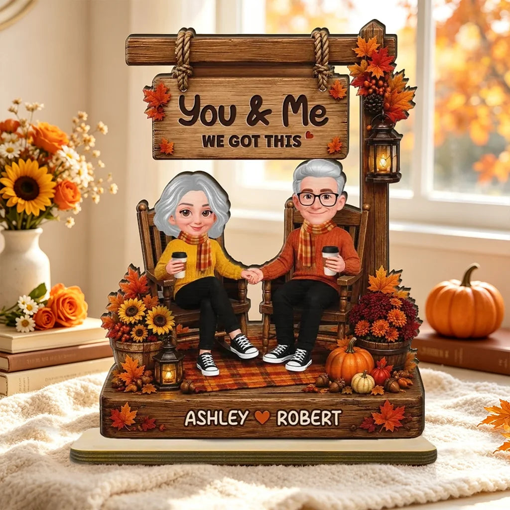You & Me Personalized 2-Layer Wooden Plaque, Autumn Couple Holding Hands, Creative Gift for Partners