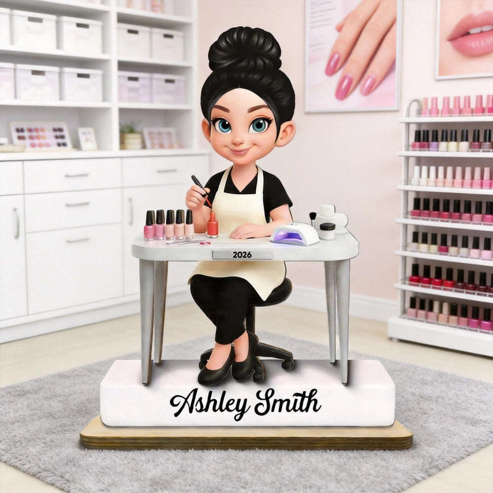 Personalized 2-Layer Wooden Plaque Nail Technician Desk Scene Cute Cartoon Style Unique Gift For Salon Workspaces