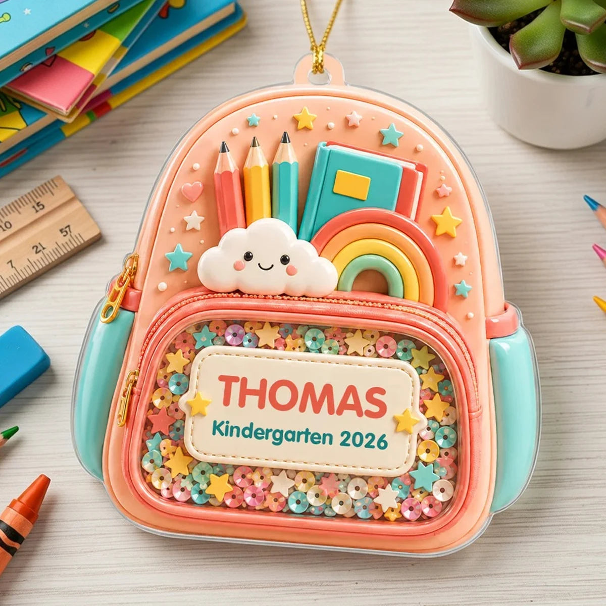 Personalized Acrylic Ornament, Hanging School Backpack in Coral and Teal, Unique Gift for Kids