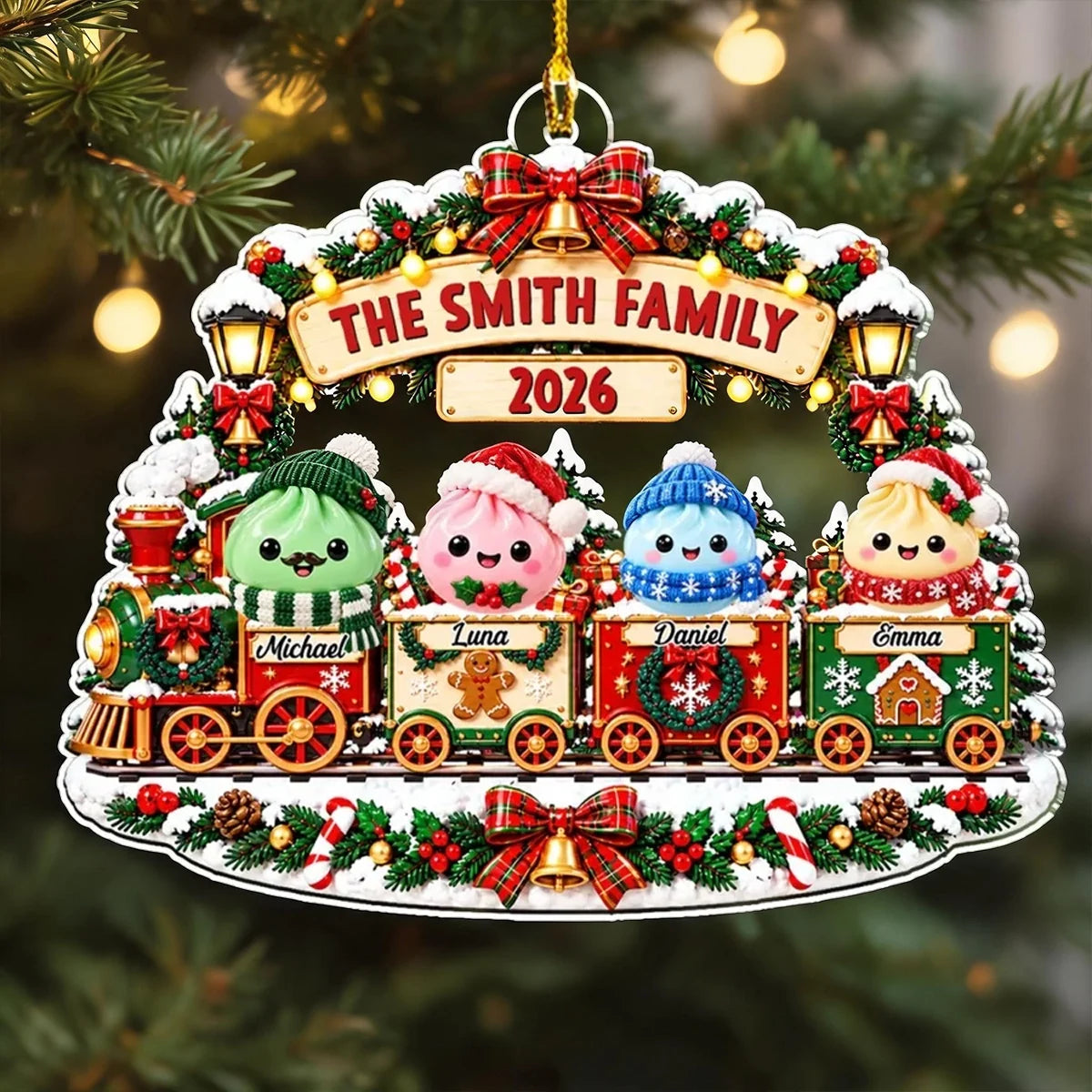 Personalized Acrylic Ornament, Cute Family Train in a Snowy Christmas Scene, Unique Gift for Family