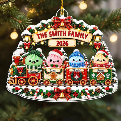 Personalized Acrylic Ornament, Cute Family Train in a Snowy Christmas Scene, Unique Gift for Family