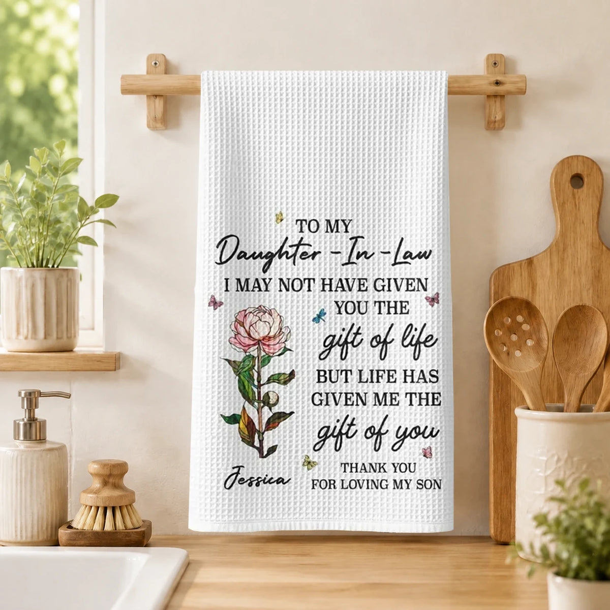 Personalized Kitchen Towel with Vintage Rose Quote, Unique Daughter-in-Law Gift for Kitchen Decor