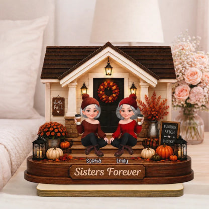 Personalized 2-Layer Wooden Plaque with Fall Porch Sisters, Unique Gift for Sister, Cozy Home Decor
