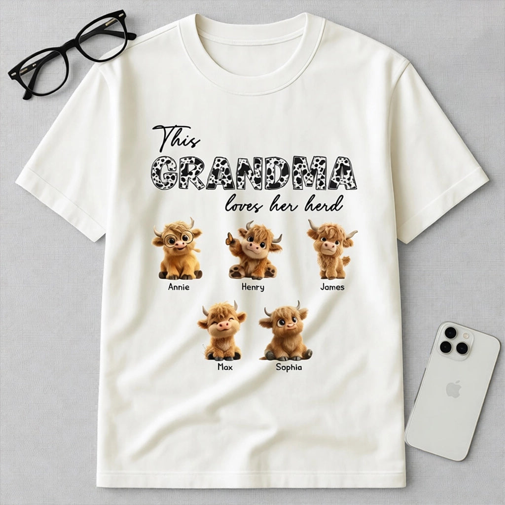 Personalized Grandma Loves Her Herd Classic Tee With Cute Highland Cow Calves, Unique Gift For Grandma