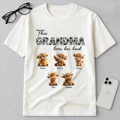 Personalized Grandma Loves Her Herd Classic Tee With Cute Highland Cow Calves, Unique Gift For Grandma