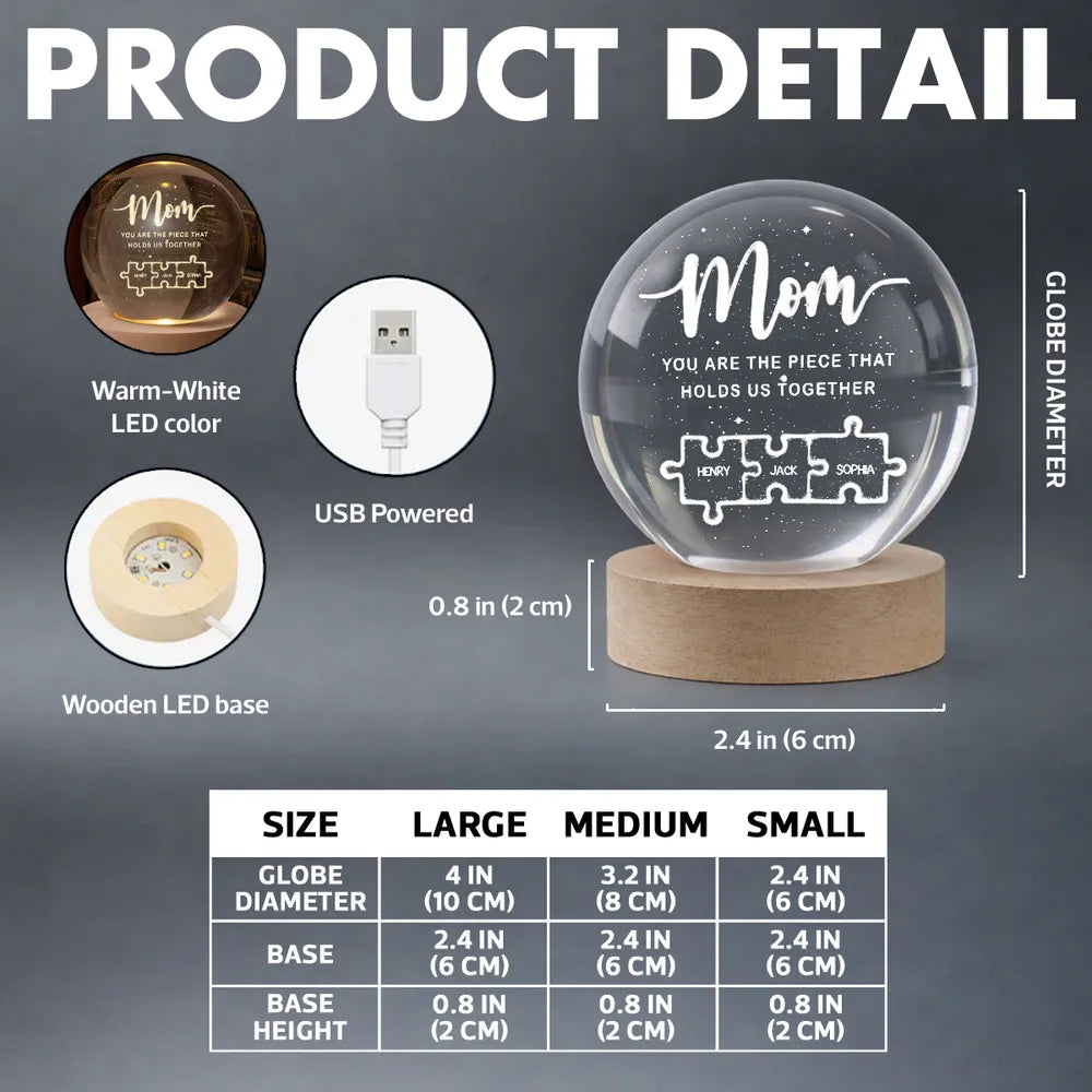 Globe Lamp Personalized for Mom, 'You Are The Piece That Holds Us Together' Puzzle Design, Heartwarming Gift